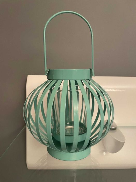 Świecznik lampion miętowy ażurowy