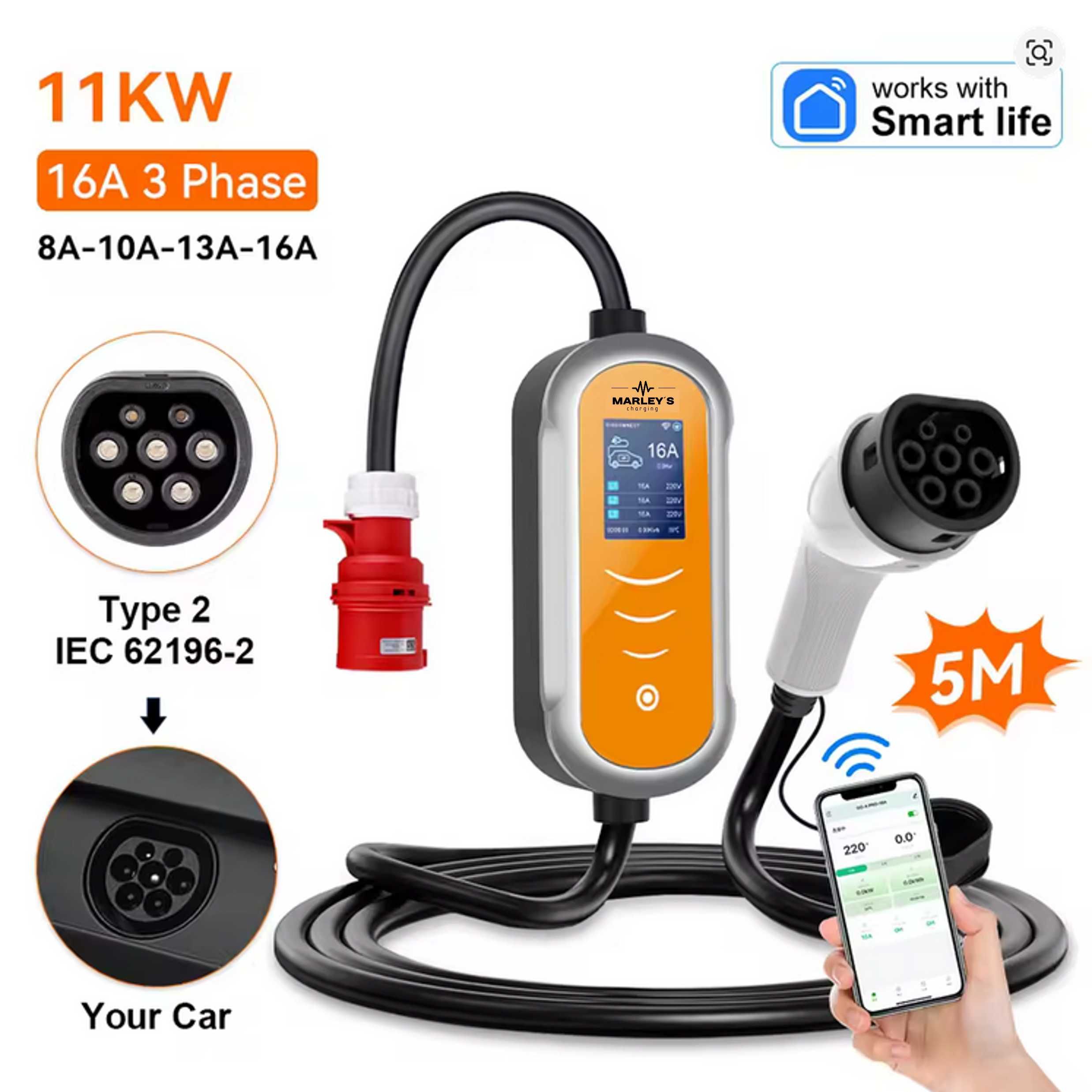 Carregador Portátil 11 kw - 16A -Tipo 2 - C/ APP WI-FI
