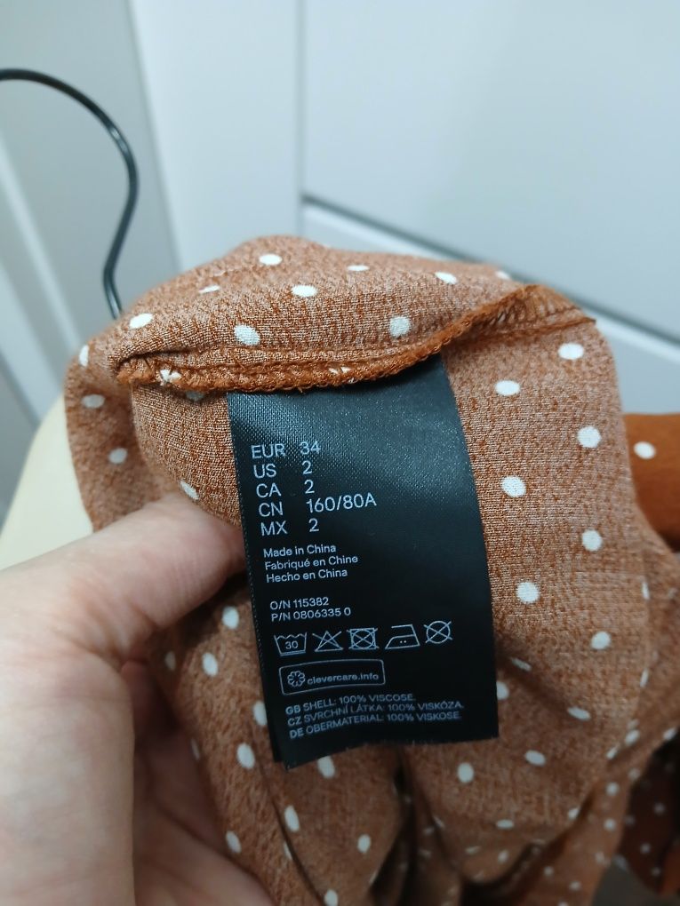 H&M karmelowa sukienka w białe grochy 34/36 maxi długa