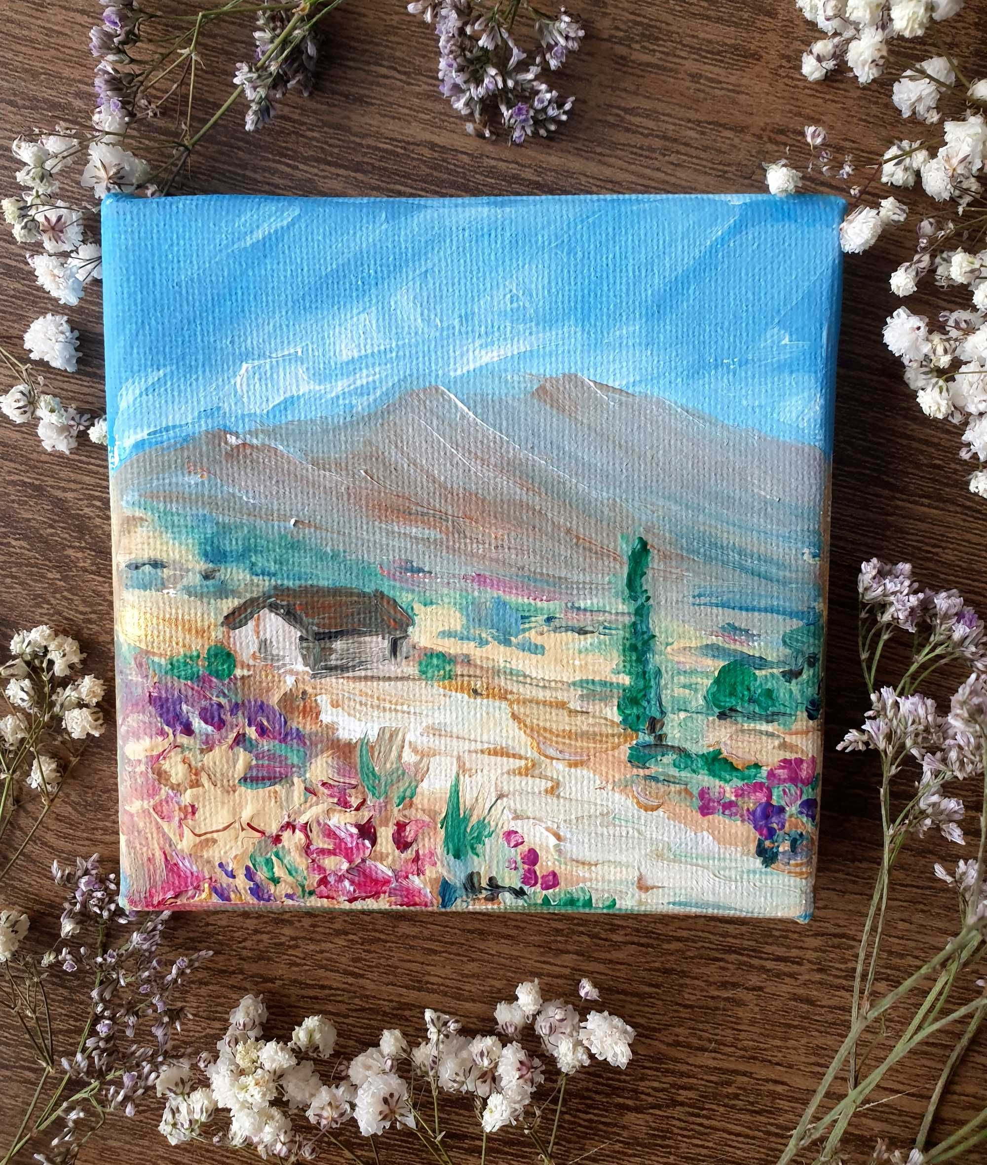 Mini obraz ręcznie malowany "Pejzaż górski" pole lawendowe