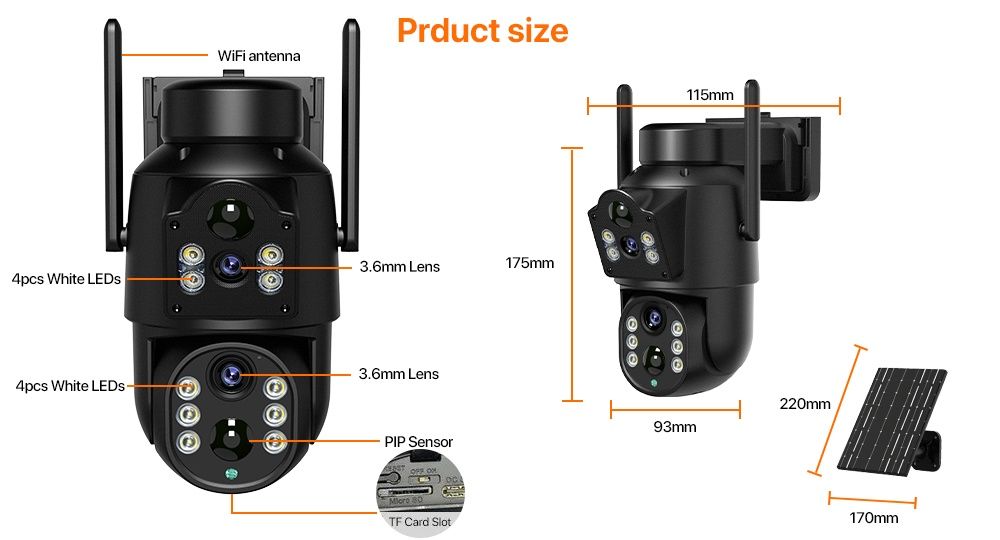 Kamera zewnętrzna solarna WiFi 4K HD podwójny obiektyw 8 MP aplikacj