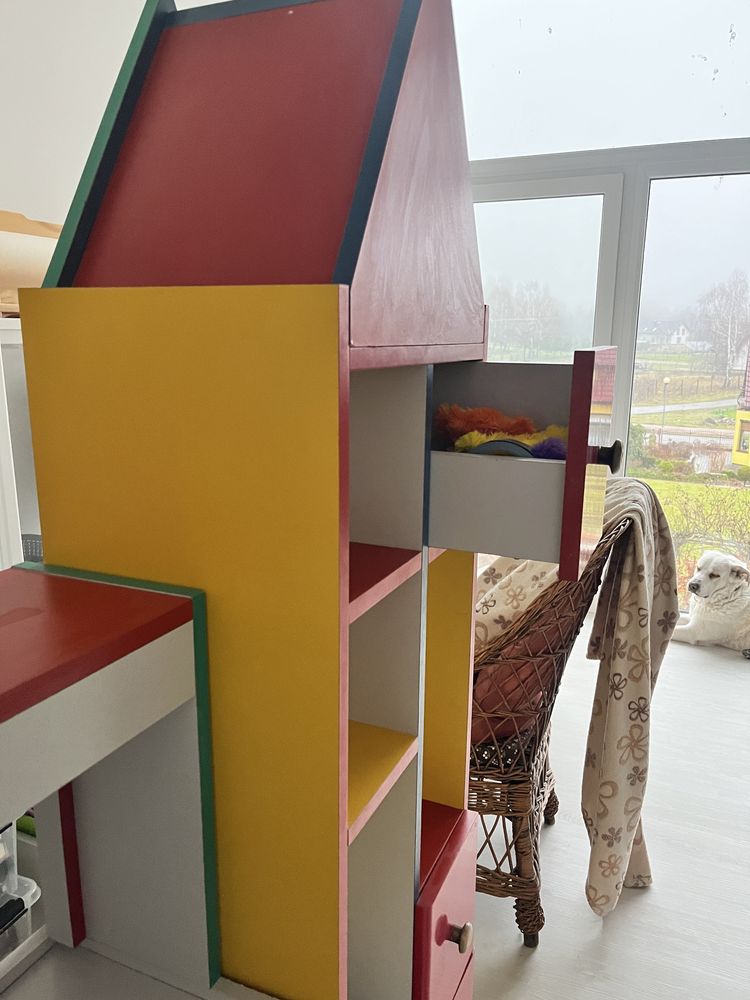 Biurko drewniane kolorowe dla dziecka szafka domek z półkami rozsuwane