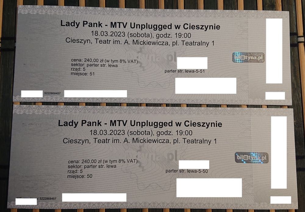 2 Bilety Lady Pank - MTV Unplugged w Cieszynie 18.03.23r. Parter 5 rzą