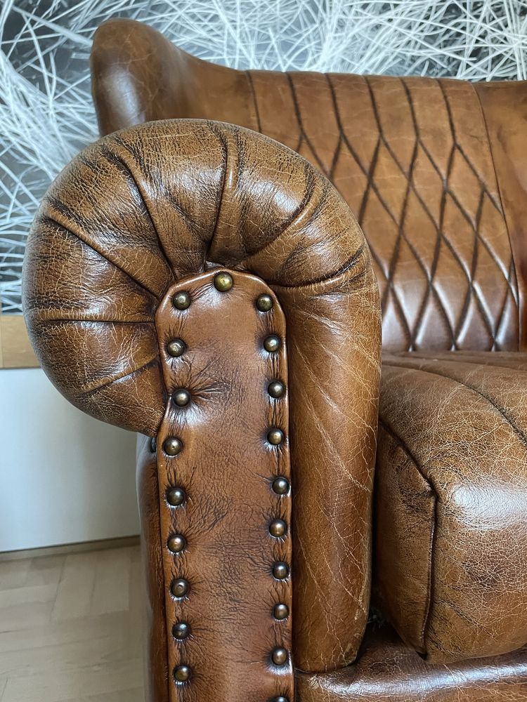 Fotel skórzany brązowy z Indii skóra bydlęca drweniana konstrukcja