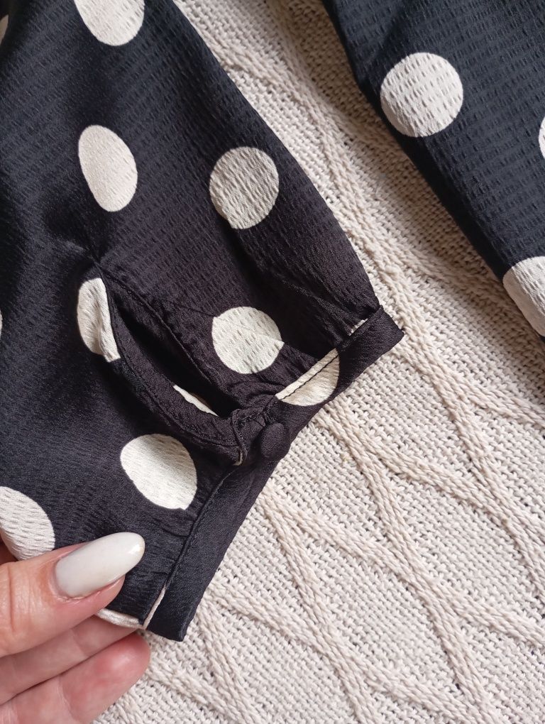 H&M XL czarna luźna NOWA długa sukienka w kremowe kropki midi maxi
