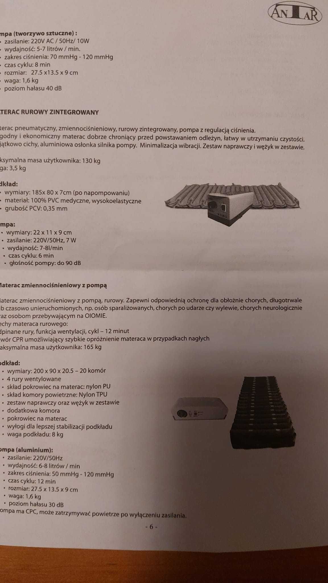 Materac przeciwodleżynowy rurowy z pompą Antar