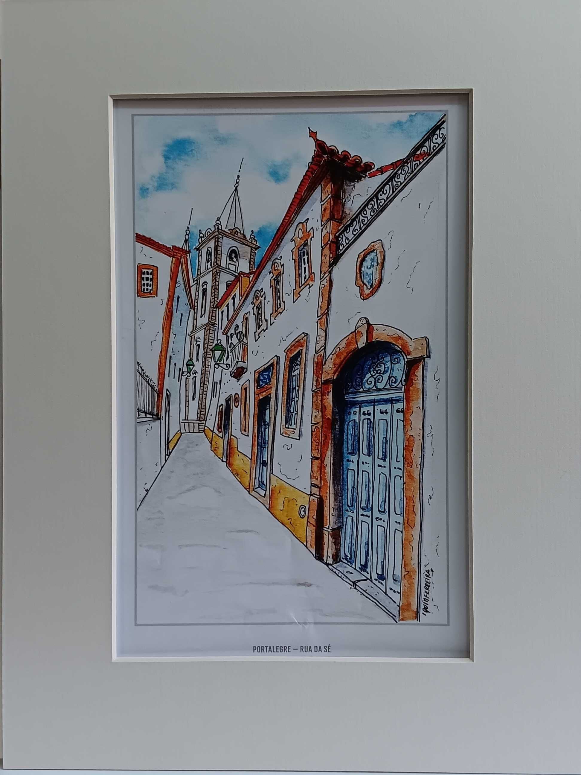 Portalegre em litografia de aguarela de Quim Ferreira