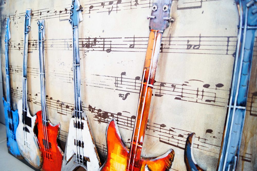 Duży metalowy obraz 3D gitary ręcznie malowany szyld