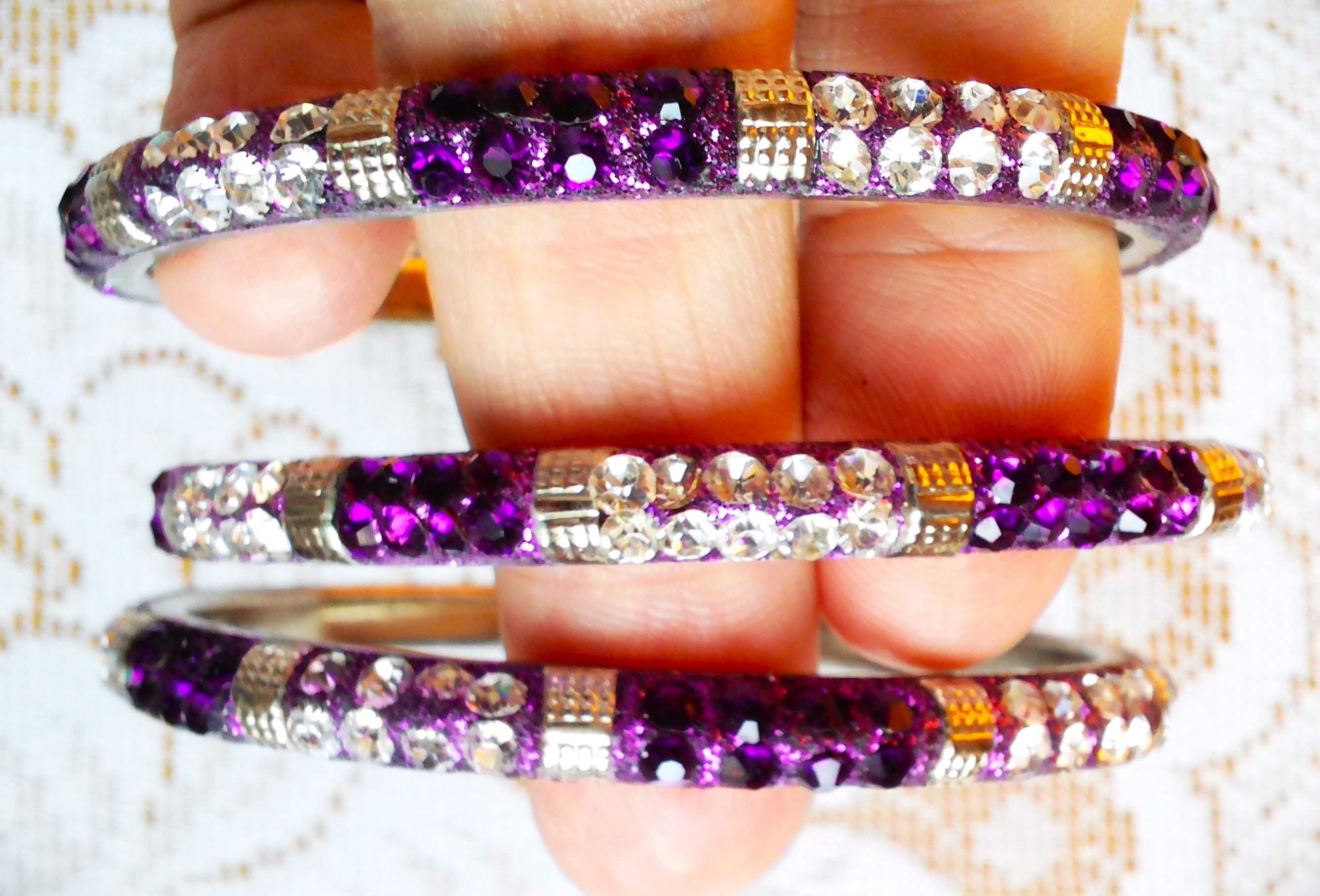 Bransoletki bangle, kolor srebrno fioletowo różowy, 3 sztuki