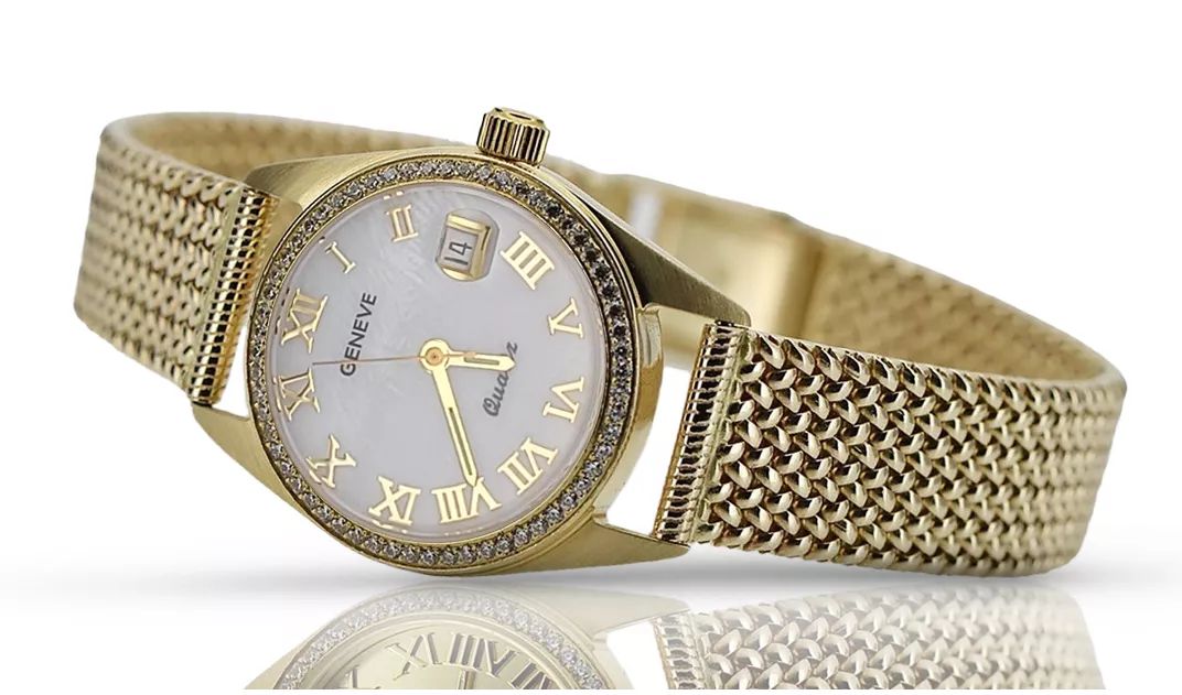 Złoty zegarek damski 14k Geneve z perłową tarczą lw078ydpr&lbw003y Wr