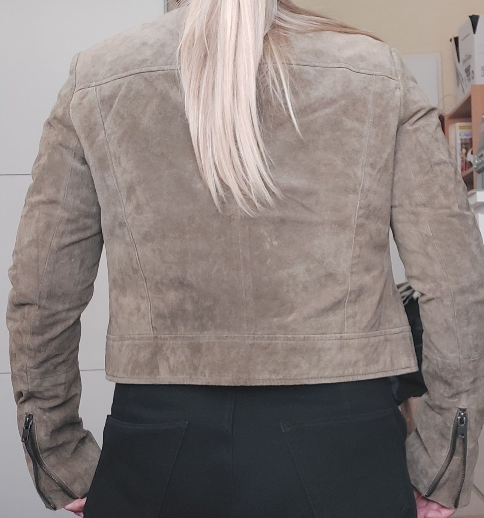 Mango zamszowa kurtka skórzana khaki zielona skóra naturalna zamsz L M