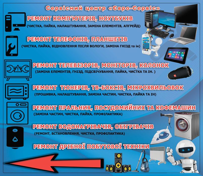 Ремонт телефонов, планшетов, ноутбуков, телевизоров, компьютеров, и др