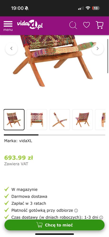 Składane krzesło w styli chindi vidaXL solidne nowe okazja!