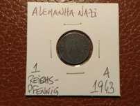 Alemanha Nazi - moeda de 1 reichspfennig de 1943 A (suástica)