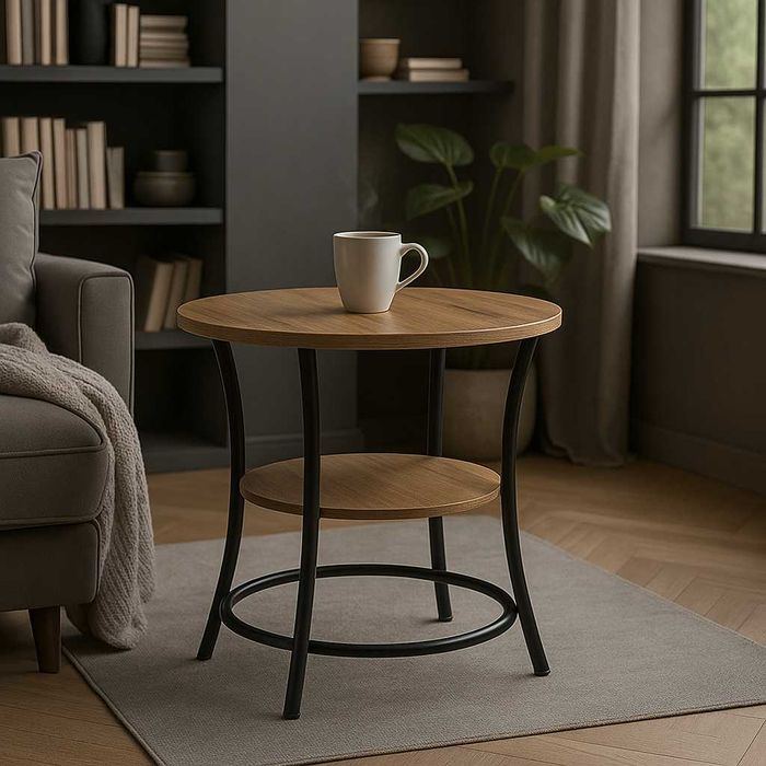 NOWY Stolik Kawowy Okrągły Czarny Mały Stół Do Salonu Loft Stelaż Dąb