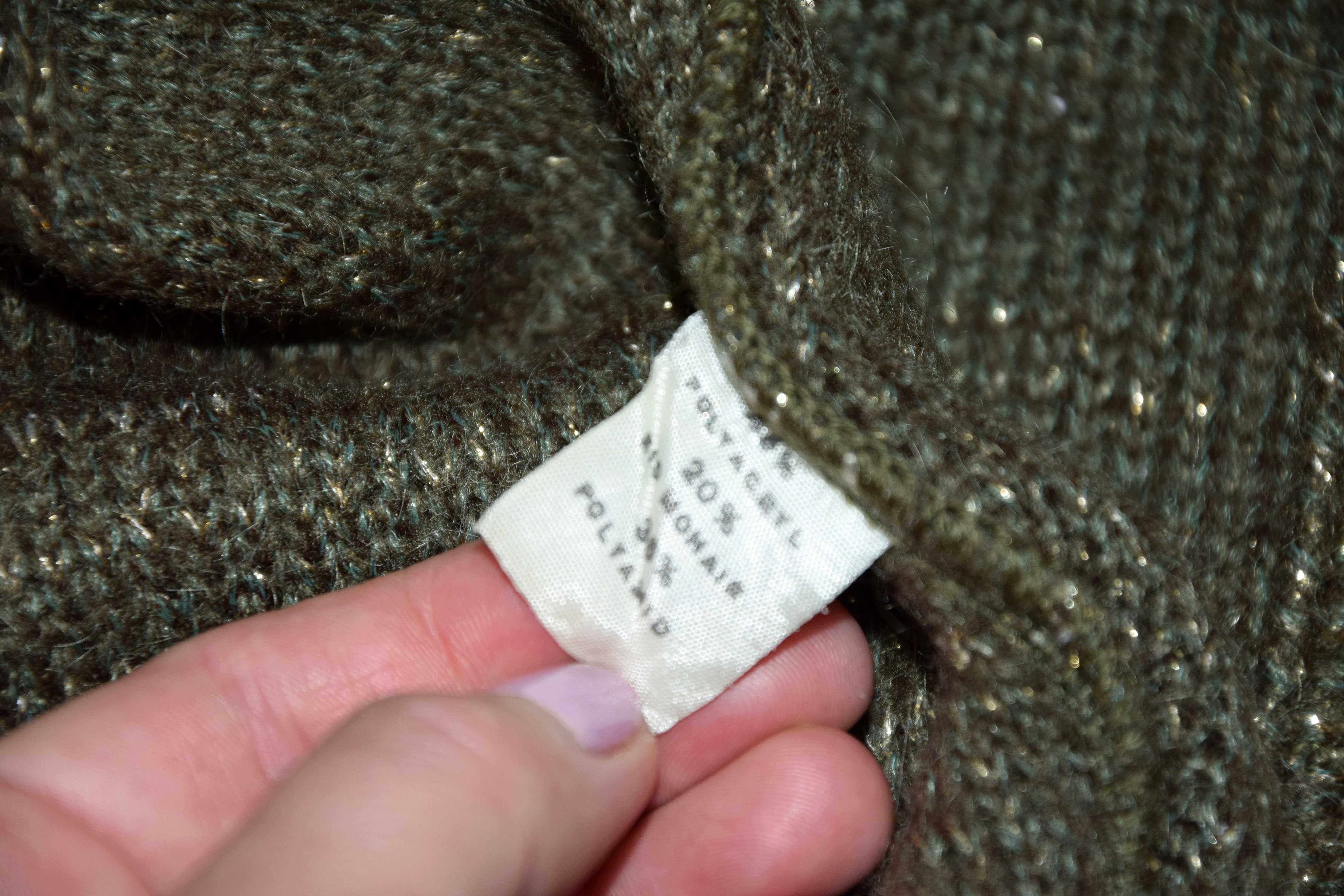 Stylowy sweterek 134/140khaki złota nitka rozpinany vintage