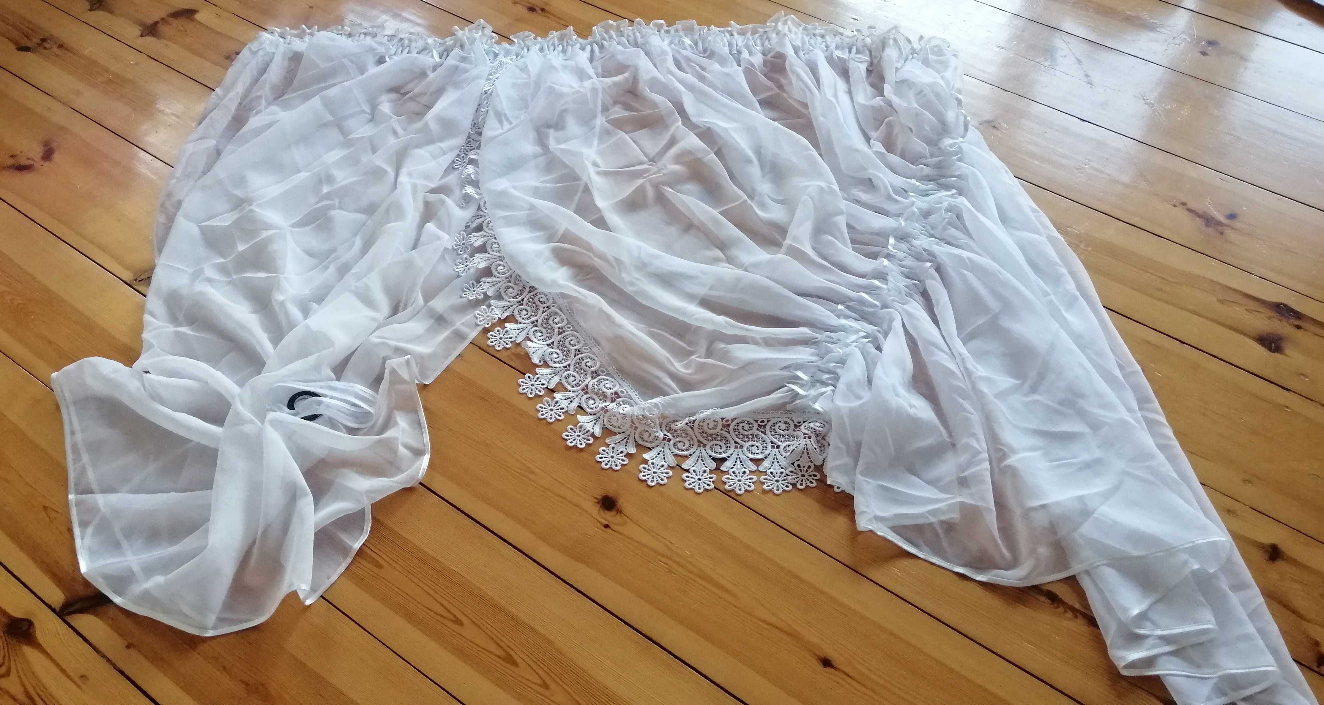 Biała firanka 185x150 – z koronką, 2-częściowa, do wiązania  gładka