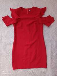 Czerwona modna sukienka z rękawem z falbankami falbany elegancka z