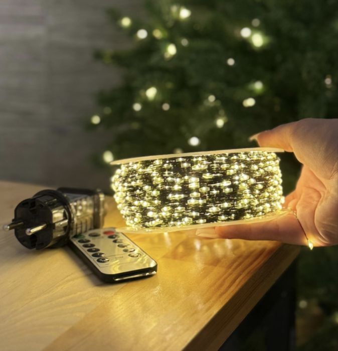 Гірлянда жовта теплий білий на зеленому дроті 50 м від мережі