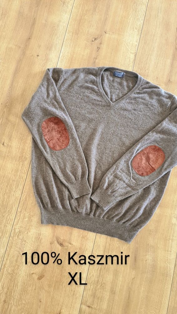 Sweter w serek vneck 100% Kaszmir. Camel koniakowy. Rozmiar XL