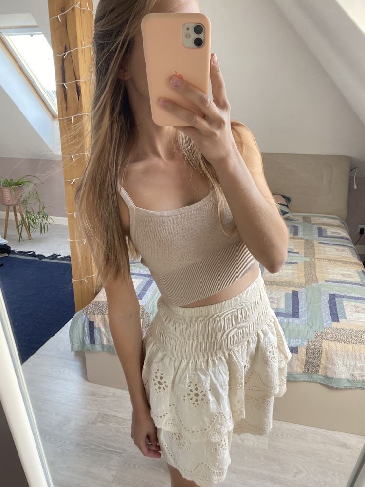 Top H&M XS 34 dzianinowy krótki beżowy cielisty letni