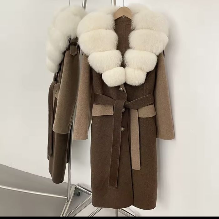 Kontantto plaszcz kaszmirowy w brazie z futrem lisa xs-xxl