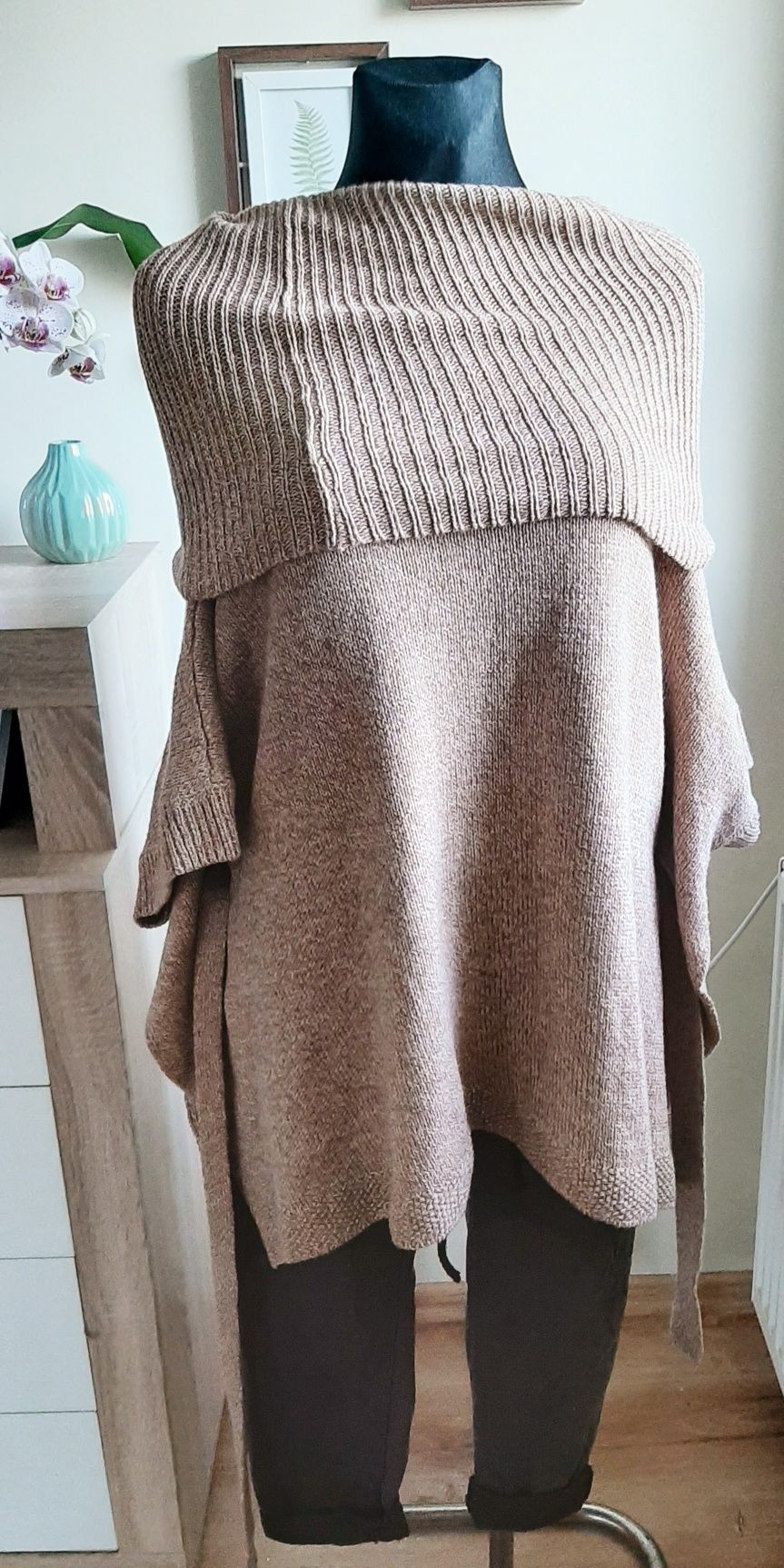 Sweter poncho narzutka golf pasek H&M