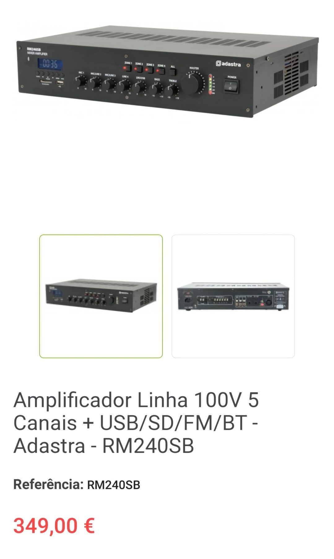 Amplificador Linha 100V 5 Canais + USB/SD/FM/BT - ADASTRA - RM240SB
Ca