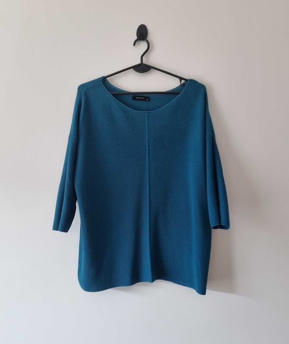 Damski sweter turkusowy z dekoltem w łódkę rękaw 3/4 szeroki oversize