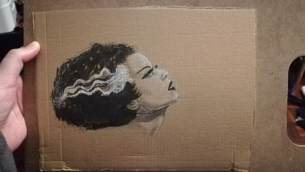 Noiva de Frankenstein desenho a pastel, caneta, grafite, tinta 24x18cm