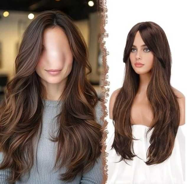 Falowane włosy syntetyczne peruka Feshfen z grzywką 65cm brąz