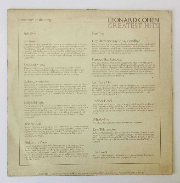 LEONARD COHEN - Greatest Hits (Só Capa e Insert !)