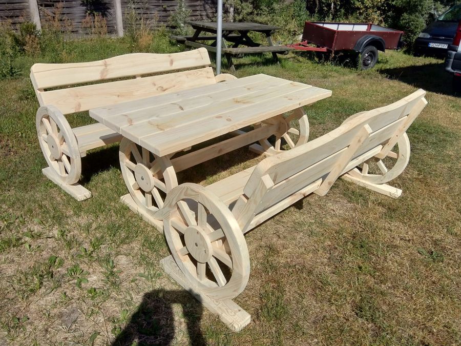 Meble ogrodowe koła 180 cm stół dwie ławki drewniane drewno biesiadne