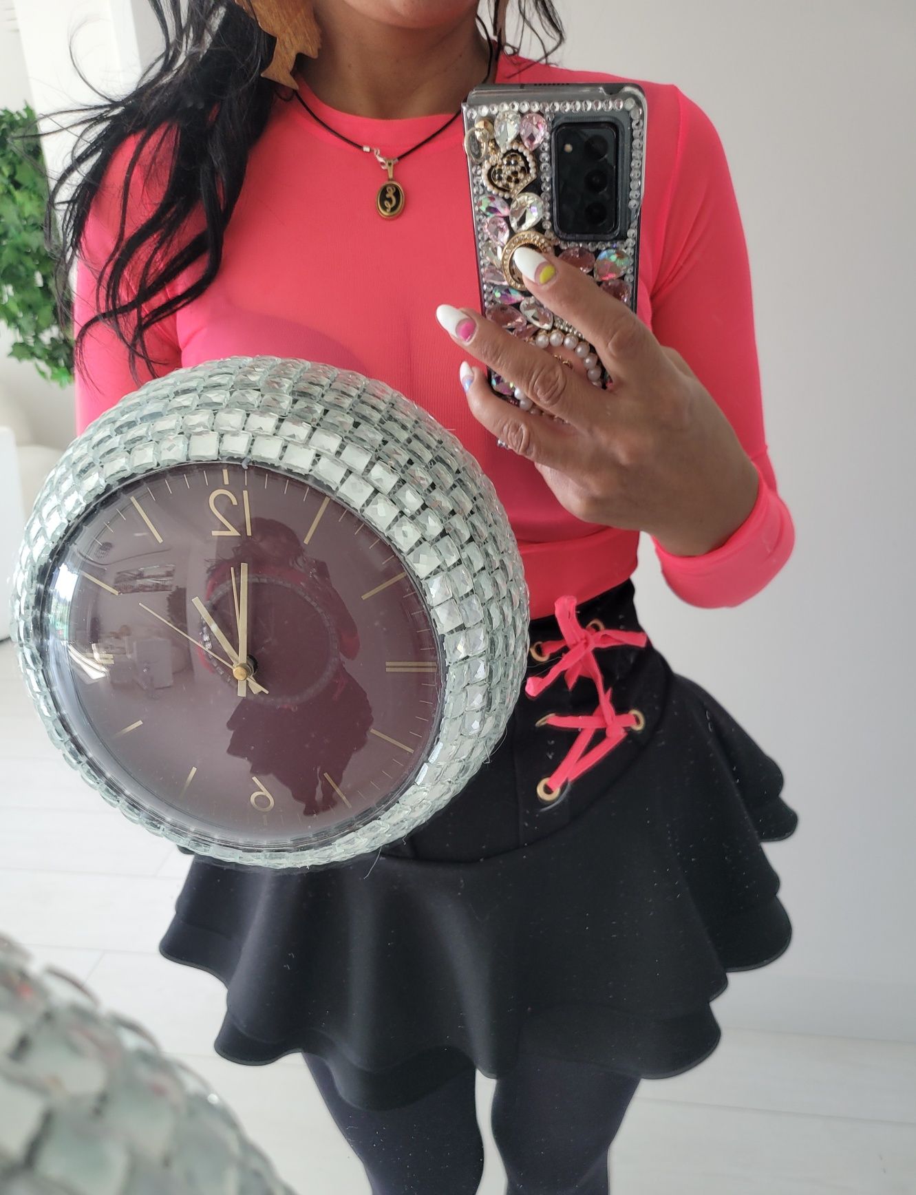 Zegar handmade glamour krysztalki lustro okrągły koło ścienny