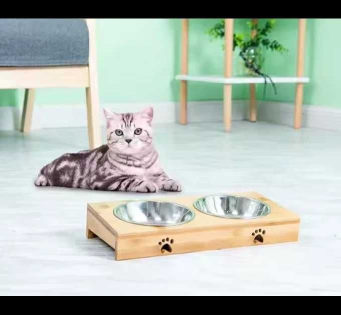 Подвійна миска для тварин на дерев'яній підставці (7.14.271)