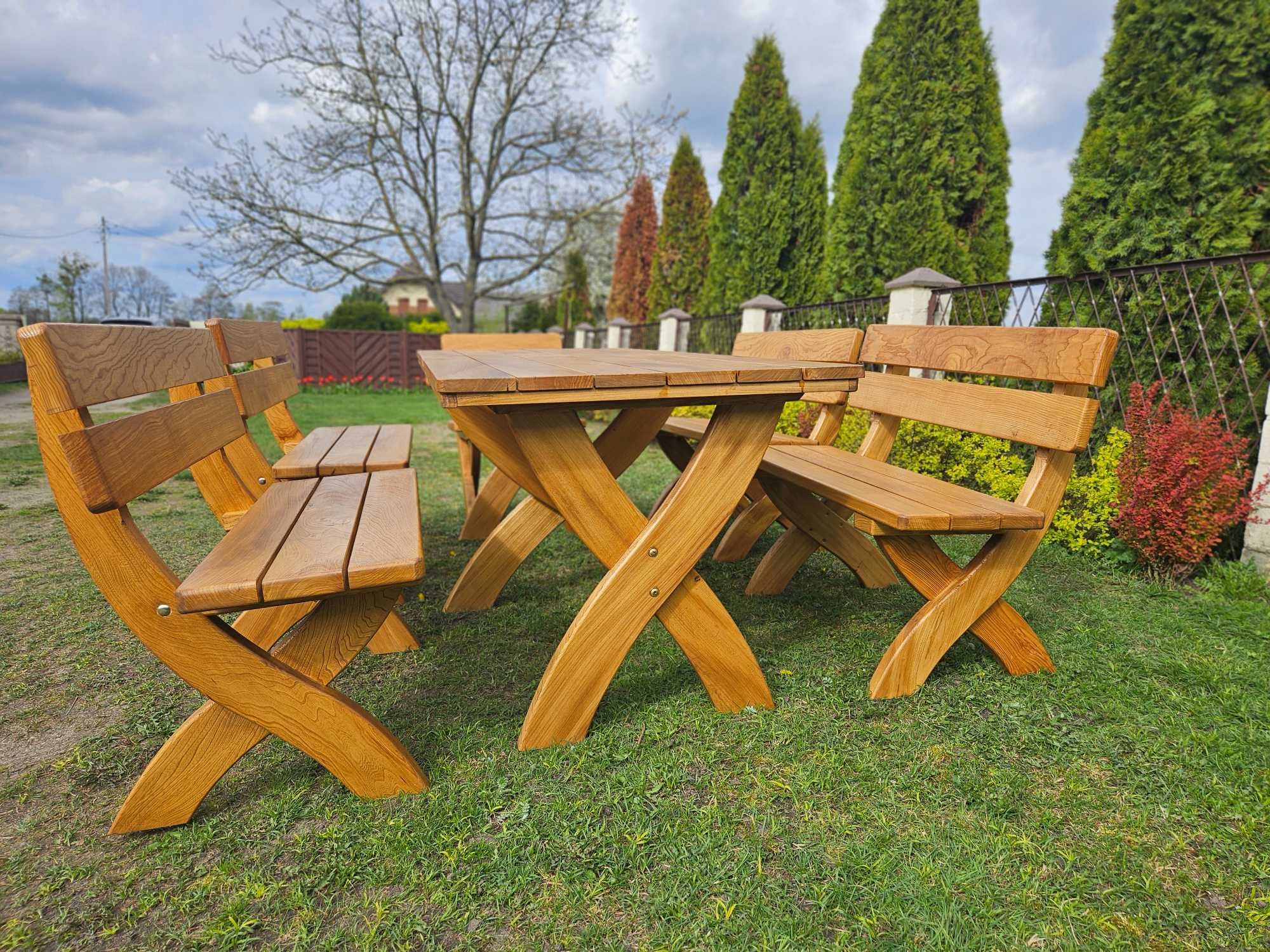 Drewniany zestaw ogrodowy | Stół + 4 ławy + 2 krzesła | Wiąz + jesion
