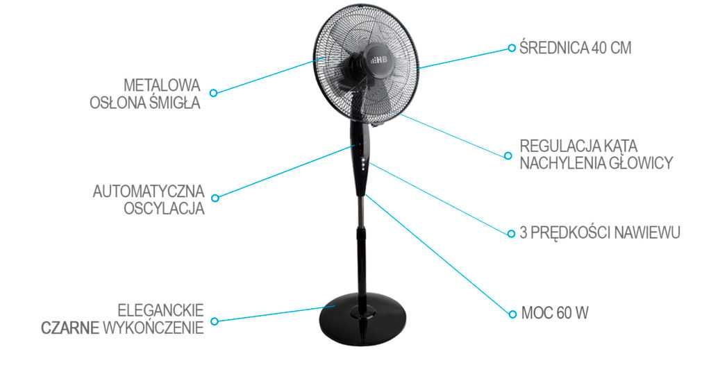 Wentylator stojący HB SF 4007BRC czarny oscylacja timer mocny 60W