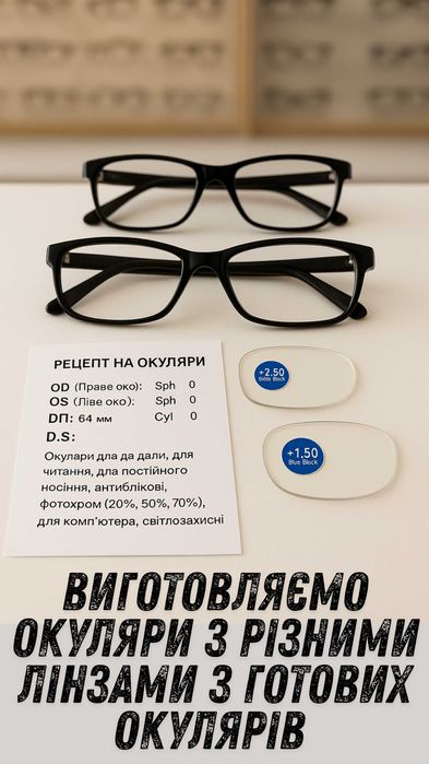 Виготовлення Окулярів з Різними Лінзами з Готових Очків +/- 0/1/2 до50