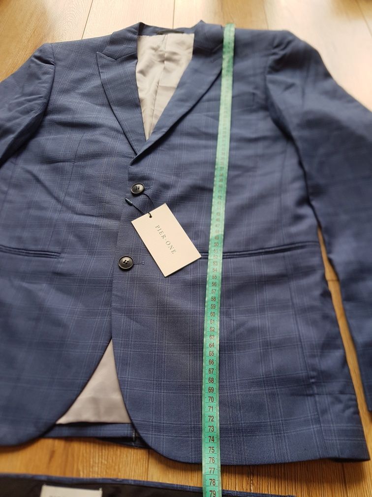 50 L Pier One garnitur męski w kratę blue niebieski marynarka spodnie