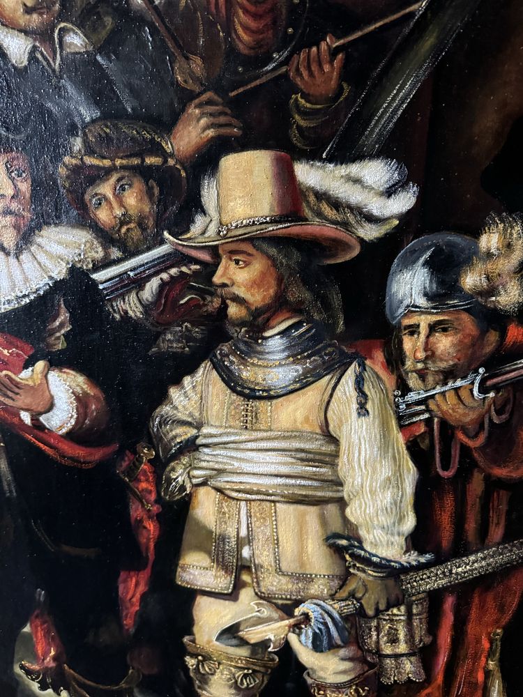 Stara kopia olej na płótnie Rembrandt Straż Nocna duży format