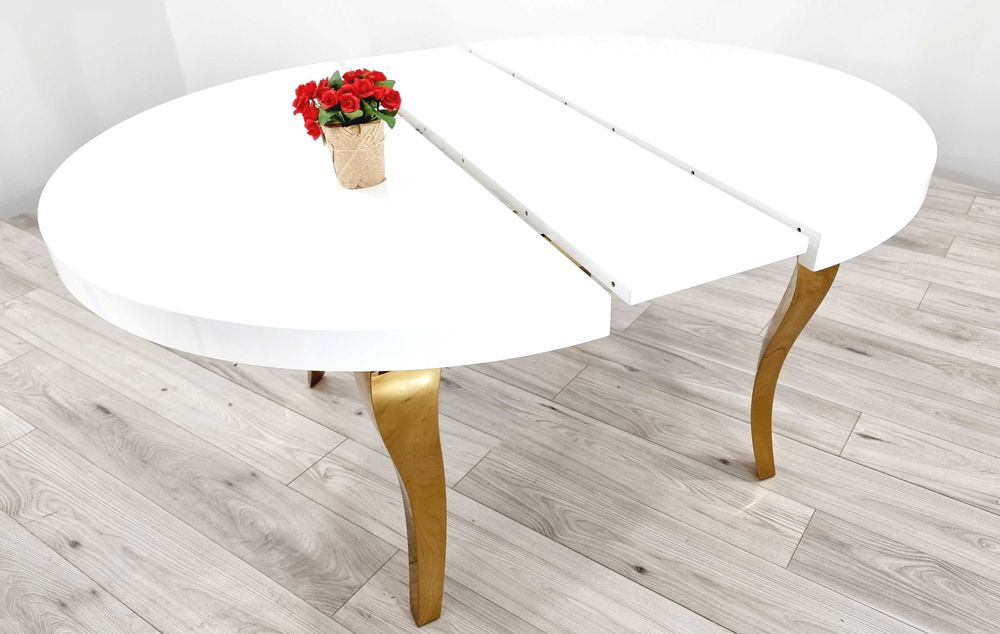 Stół Glamour rozkładany okrągły 130cm/160cm Ludwik GOLD/WHITE