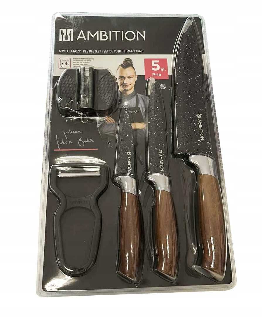 AMBITION ZESTAW NOŻY PRIA z Ostrzałką i Obierakiem 5 el BRĄZOWE Rączki