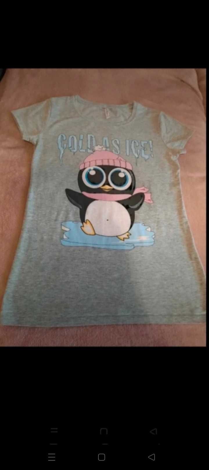 Szary T-shirt koszulka z pingwinem Fishbone S M 36 38 Casual print