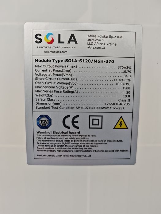 Сонячні панелі SOLA- S120/M6H-370