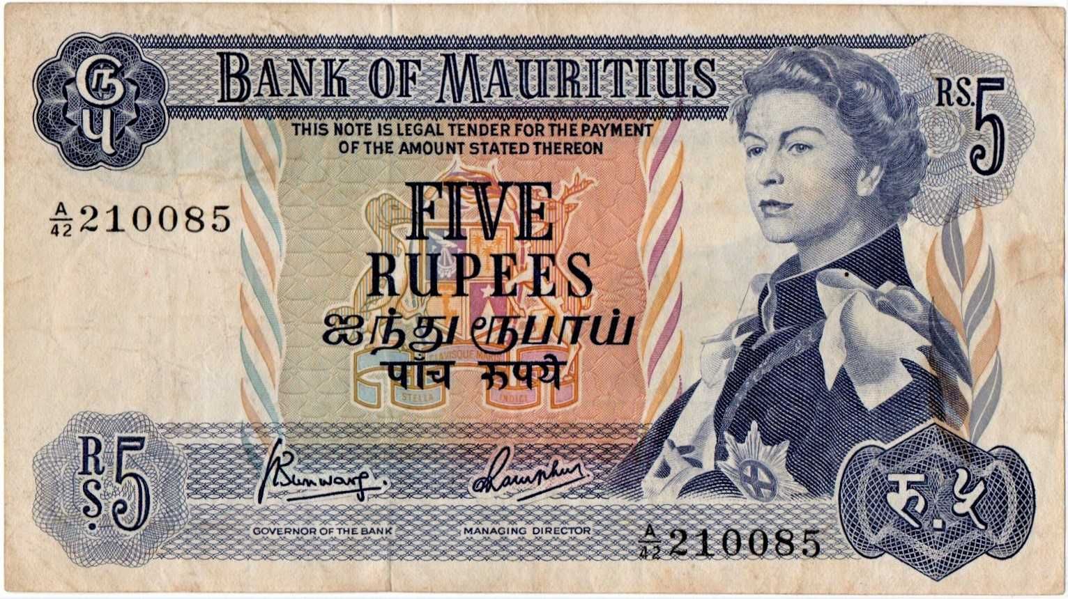 MAURITIUS 1957-P20 VF!Gratis wysyłka!