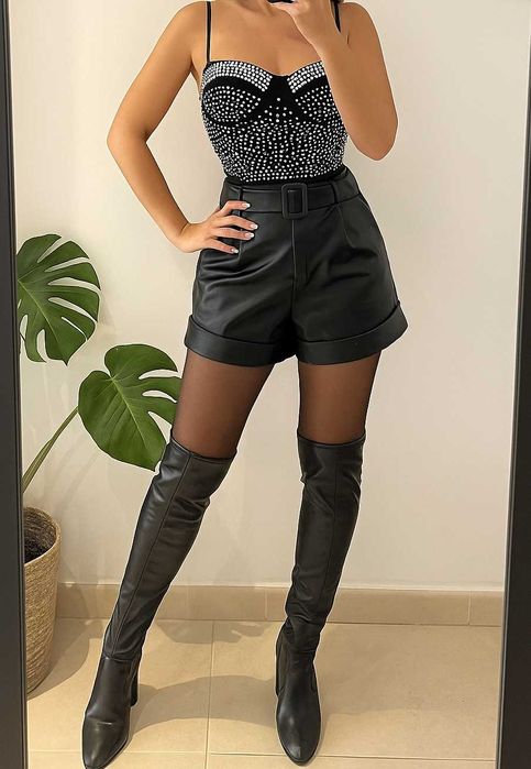 Top gorset bawełniany czarny z dżetami błyszczący