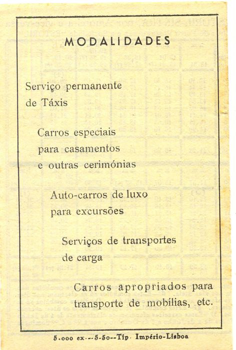 Antigos Horários dos Taxis Palhinha 1956