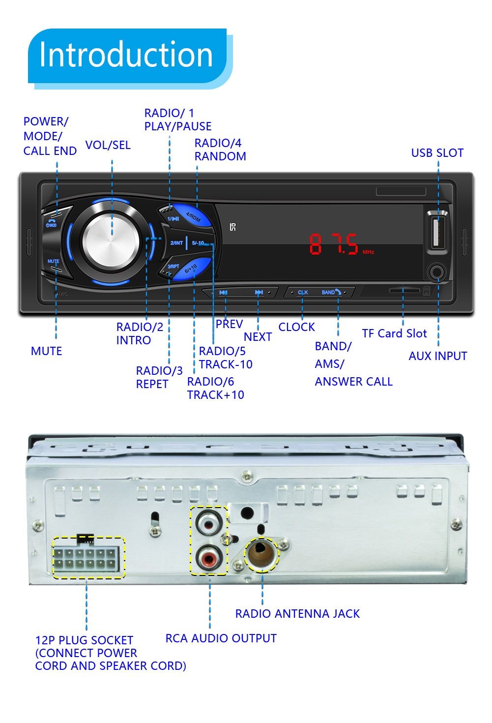 Автомобильная магнитола, Fm-радио, usb, aux, bluetooth