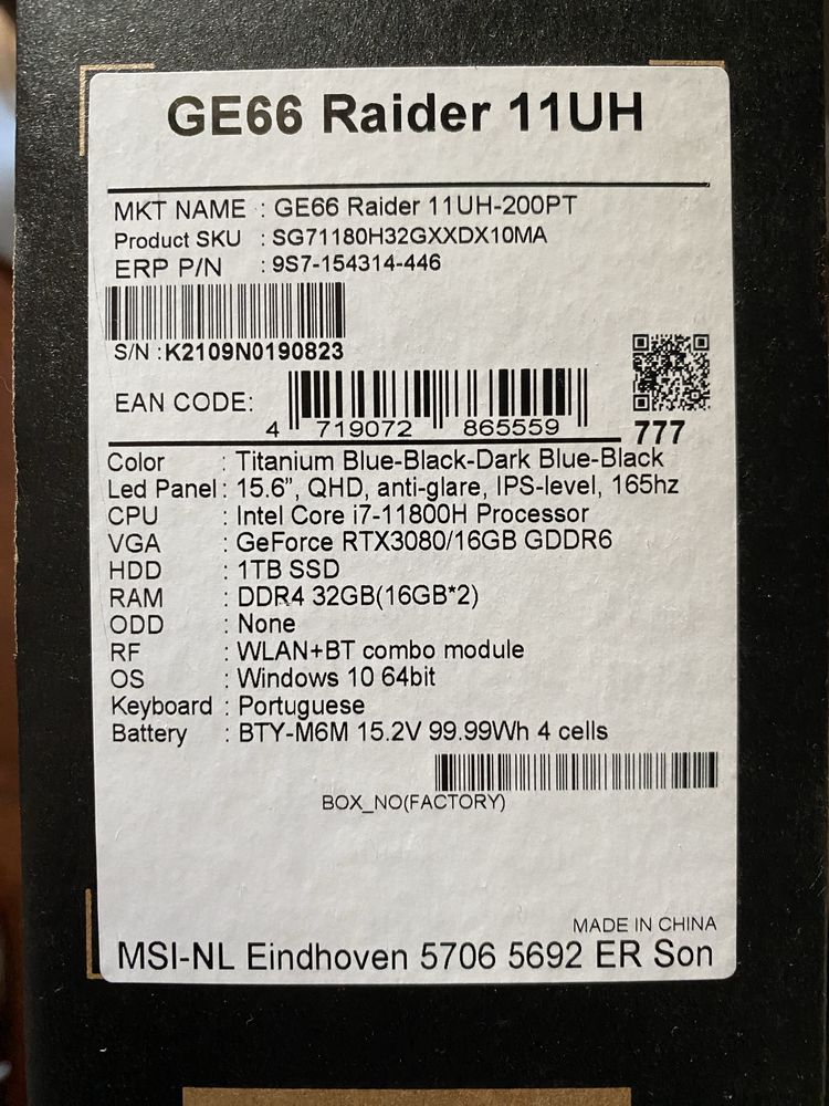 Portátil Gaming - MSI Raider GE66 11UH-200PT