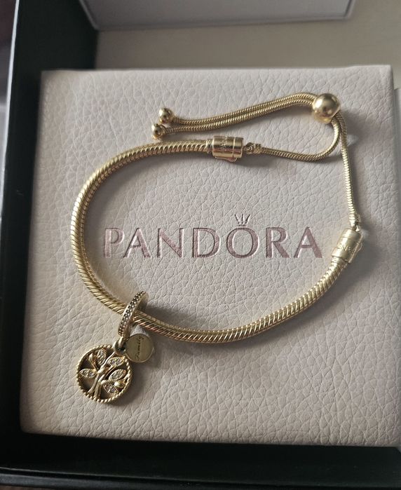 Pandora bransoletka + charms. Platerowane 14k złotem